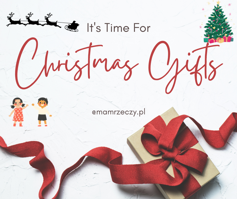 Obrazek z prezentami, dziećmi, choinką, Mikołajem z reniferami i napisem czas na prezenty świąteczne