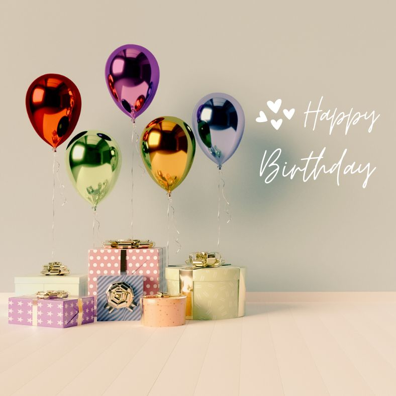 Obrazek z balonami, prezentami i napisem wszystkiego najlepszego z okazji urodzin