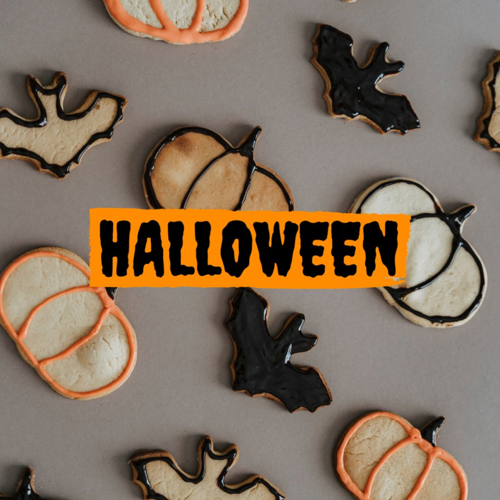 Obrazek z ciasteczkami Halloween -owymi, dynia, nietoperz
