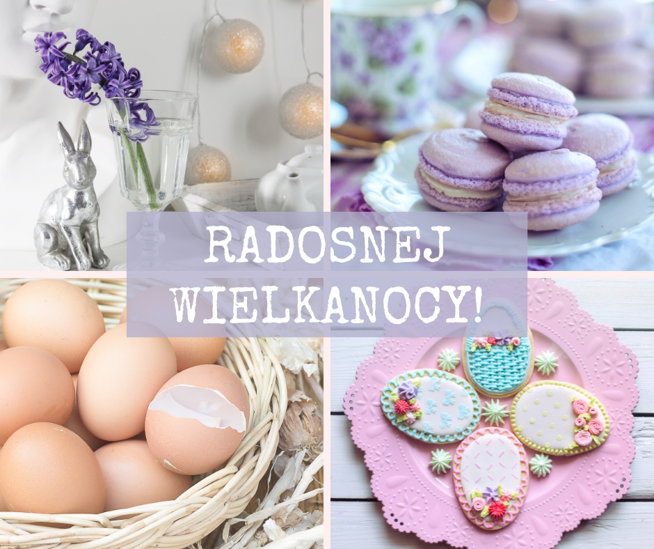 Obrazek wielkanocnych pisanek, jajek, zajączków, ciasteczek i mazurków wraz z napisem: Radosnej Wielkanocy!