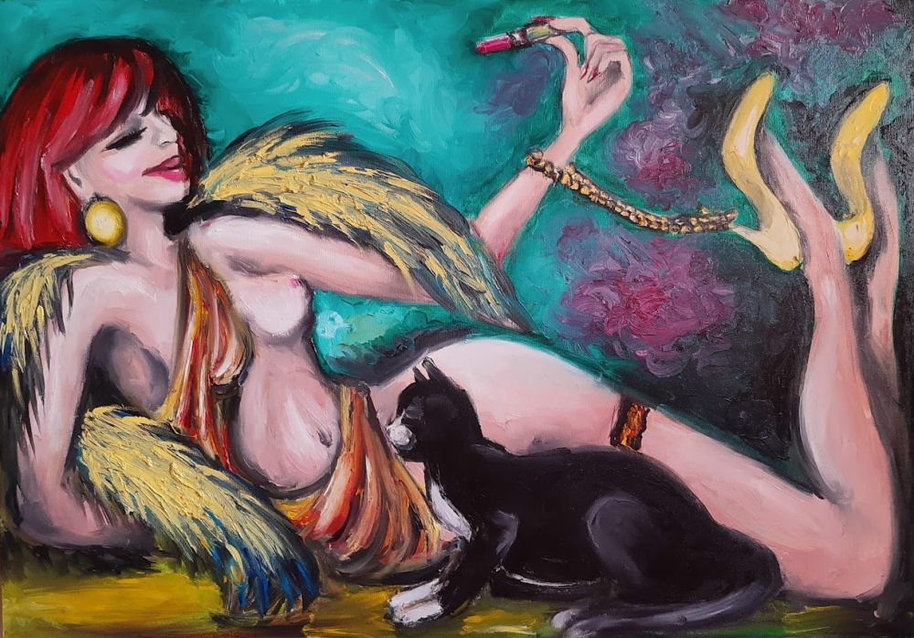 Kobieta z Kotem - sprzedam obraz olejny 