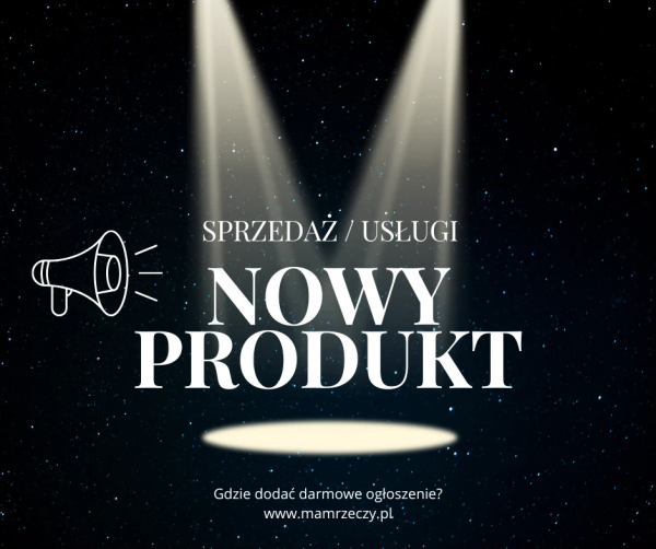Grafika z światłami skierowanymi na napis: sprzedaż / usługi, nowy produkt na ciemnym tle do posta gdzie wystawić darmowe ogłoszenia, mamrzeczy.pl.