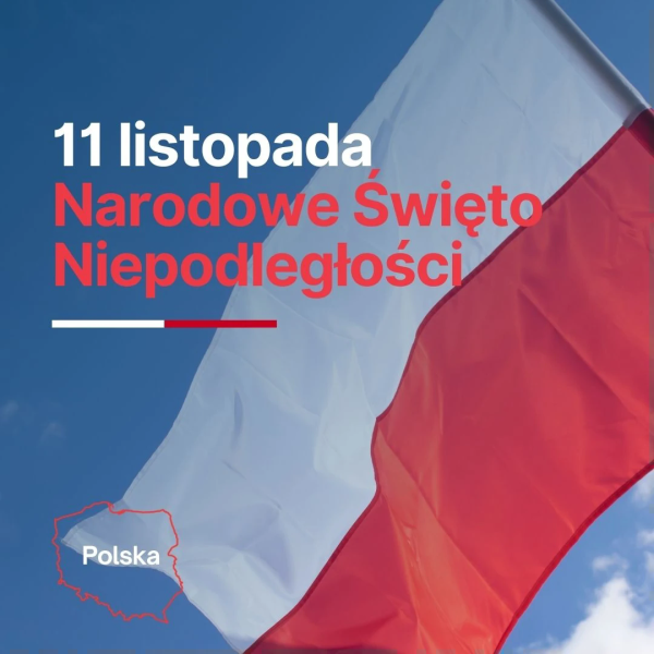 Grafika przedstawiająca biało-czerwoną flagę i mapę Polski na tle nieba z napisem 11 listopada, Narodowy Dzień Niepodległości, Polska.