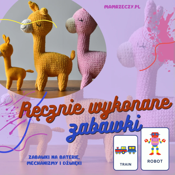 Fioletowa grafika przedstawiająca ręcznie wykonane zabawki: lamy, robota i pociąg z napisem: recznie wykonane zabawki, zabawki na baterie, mechanizmy, dźwięki, mamrzeczy.pl