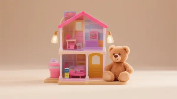 Zdjęcie produktowe: różowy dwupiętrowy domik dla lalek Barbie z zapalonymi lampkami oraz pluszowy miś z baterią AA na beżowym tle studyjnym. Zabawki na baterie do zabawy dla dzieci