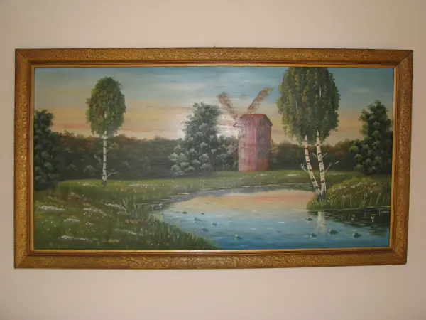 Duży stary obraz olejny na płótnie 57x105 pejzaż wiejski z w