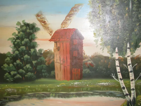 Duży stary obraz olejny na płótnie 57x105 pejzaż wiejski z w