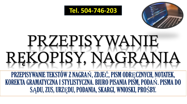 Przepisywanie tekstów, cennik usługi, tel. 504-746-203